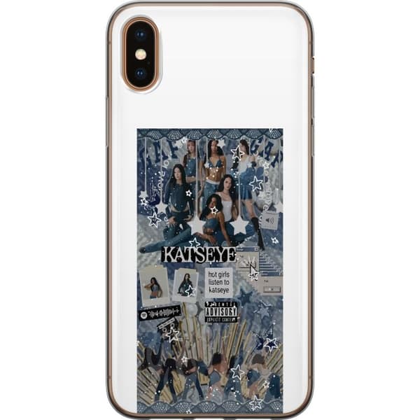 Kompatibelt Mobildeksel til Apple iPhone X KATSEYE i blått collage med gruppeportrett, stjerner, typografi og dekorative grafiske elementer