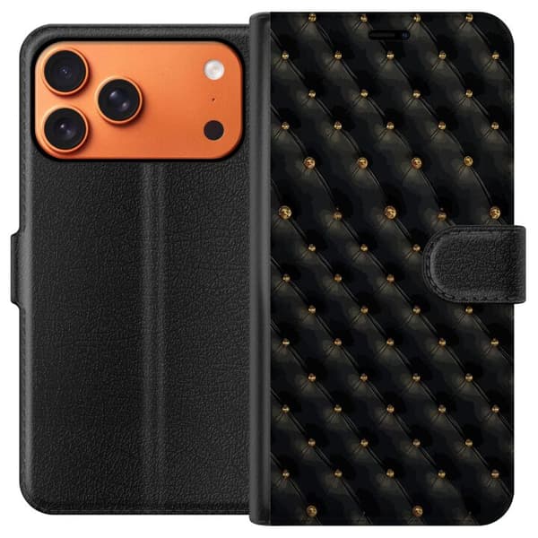 Kompatibel Tegnebogsetui til Apple iPhone 17 Pro Max Elegant sort diamantmønster med guldfarvede detaljer