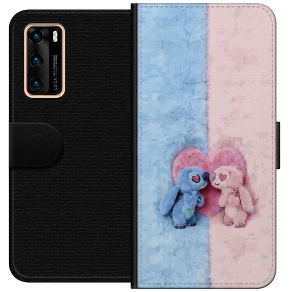 Kompatibel Tegnebogsetui til Huawei P40 Søde blå og lyserøde figurer foran et stort lyserødt hjerte