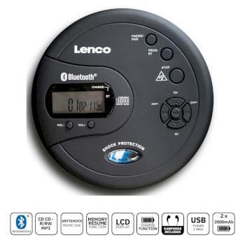 Lenco Bærbar Bluetooth® CD-MP3-afspiller med antislidsystem Sort