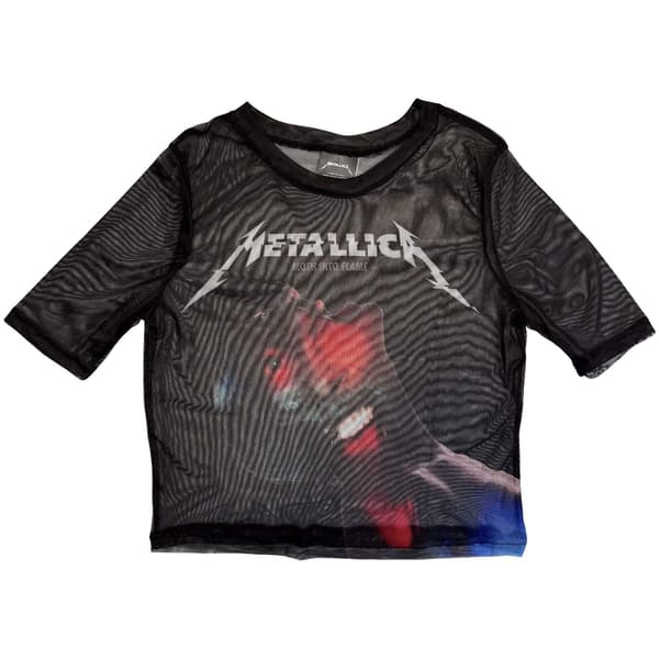 Metallica Dam Mesh-Crop Top: Moth Into Flame (Svart)