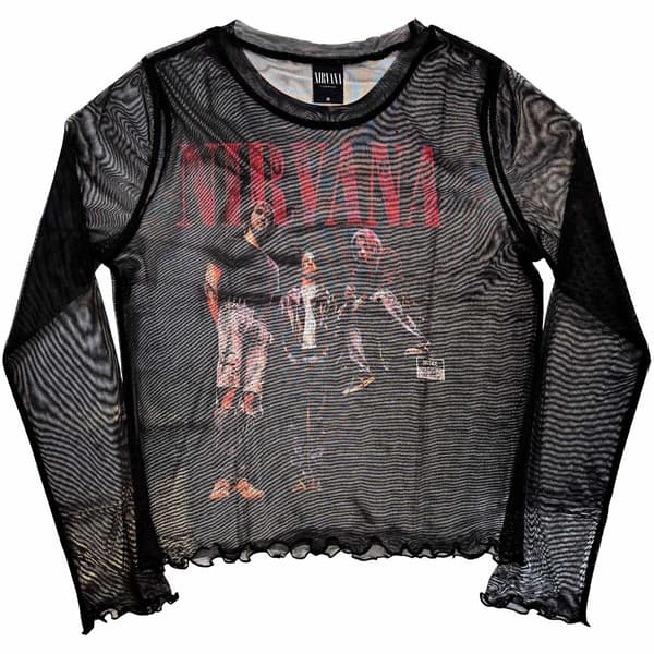 Nirvana Dam Långärmad Mesh Crop Top: In Utero Band Photo Svart)