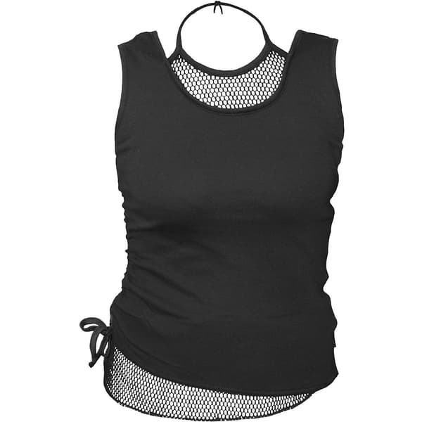 Spiral Ladies 2-in-1 Neck Tie Mesh Top: Plain (Black) (Blank) (Medium)