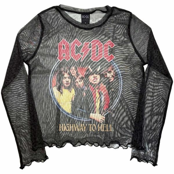 AC/DC Dam Långärmad Mesh Crop Top: Highway To Hell (Svart)