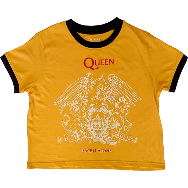 Queen Ladies Crop Top: Face It Alone Crest (Yellow) (Medium)