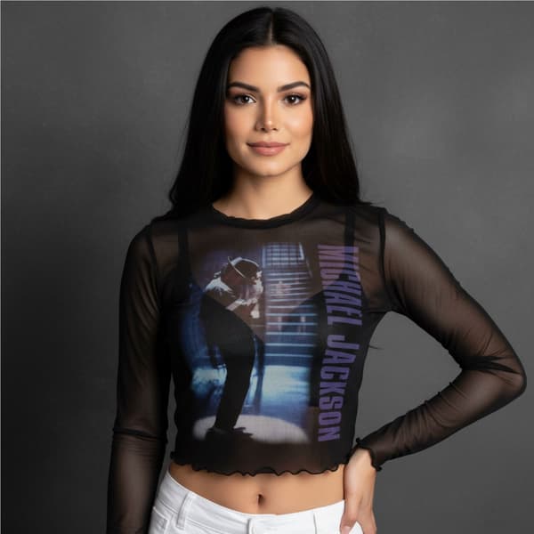 Michael Jackson Dam Långärmad Mesh-Crop Top: Beat It (Svart)