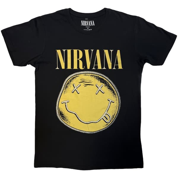 Nirvana Unisex Carbon T-Shirt: Happy Face Infill Distressed (Black) (Medium)