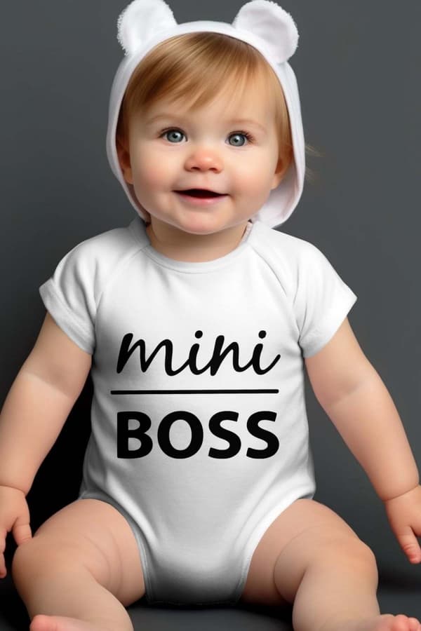 Baby body: "Mini Boss" - vit - storlek 6-9 månader