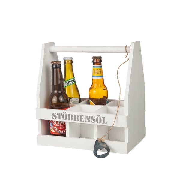 Oluetlaatikko \"Stödbensöl\" 6 pullolle, valkoinen, pullonavaajalla – Different Design
