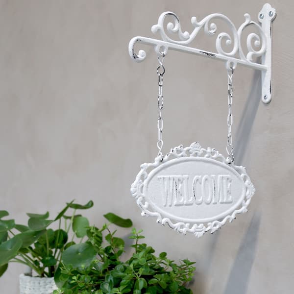Seinäkonsoli kyltillä “Welcome” ketjuissa – Shabby Chic