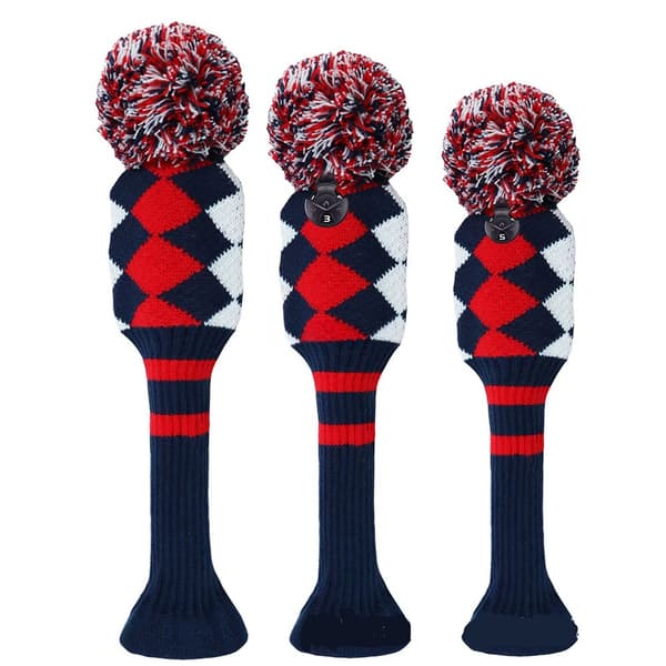 3-pack stickade headcovers - Rutiga (röd, blå, vit)