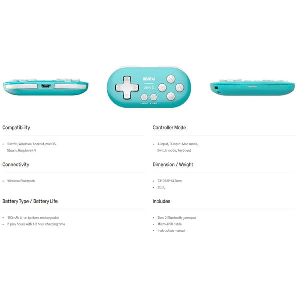 8BitDo Zero 2 Bluetooth Handkontroll Turkos