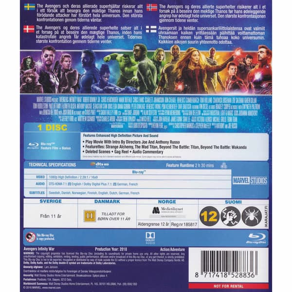 Avengers Infinity War Blu-Ray (Brugt)