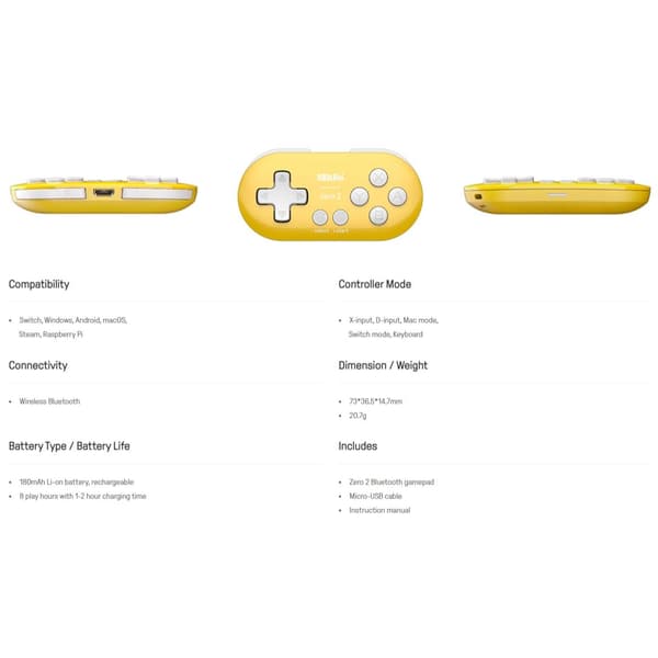 8BitDo Zero 2 Bluetooth Peliohjain Keltainen