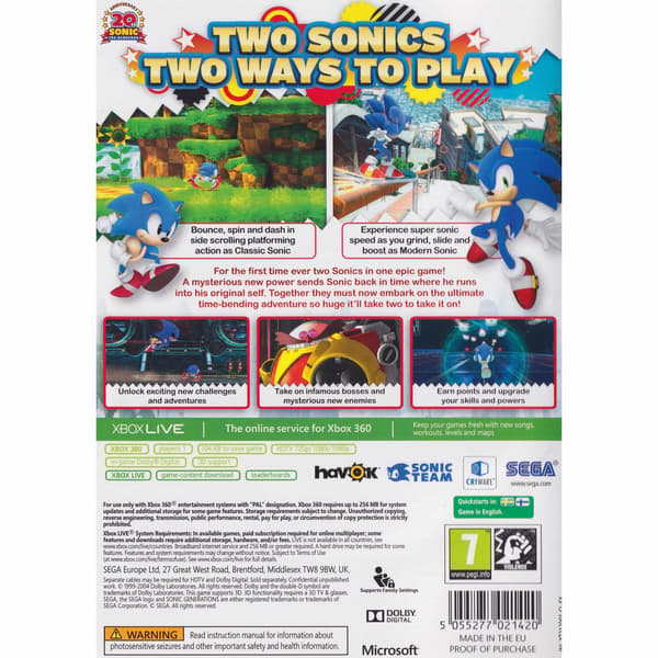 Sonic Generations Xbox 360 Classics (Brukt)