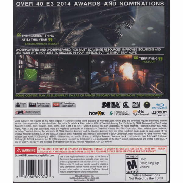 Alien Isolation Playstation 3 PS3 IMPORT
