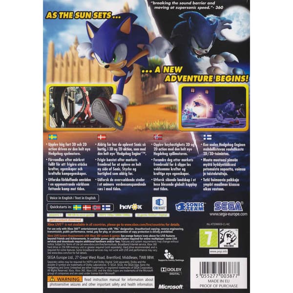 Sonic Unleashed Xbox 360 Classics Nordic (Brukt)