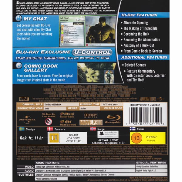 The Incredible Hulk Blu-Ray (Begagnad)