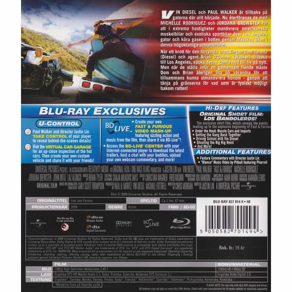 Fast & Furious Blu-Ray (Begagnad)