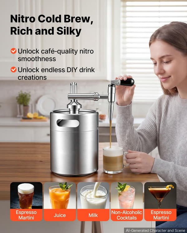 Koldbrygget kaffedispenser - Kaffefad til nitro-koldbryg - 4 l - Bærbar - Kvælstofinfusionssystem - Trykaflastningsventil
