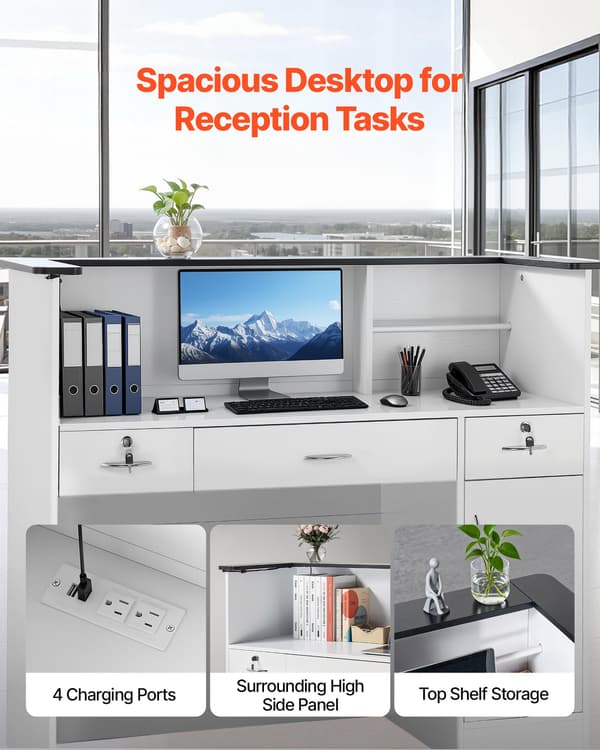 Receptionsdisk - Kassedisk 127,5 cm - LED-lysstribe - 3 Skuffer - Opbevaringsskabe - Rektangulær - Receptionsskranke