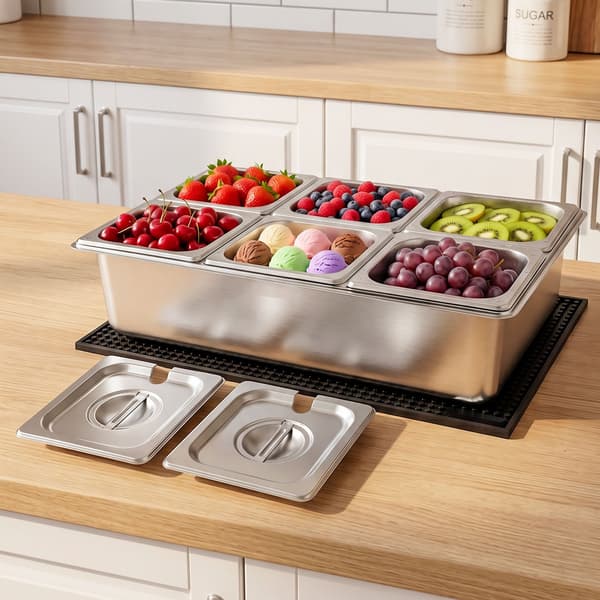Buffet køleholder til salat og tilbehør - Bordmodel serveringsdisplay - Rustfrit stål - Isafkølet stativ med låg - Til 6 x 1/6 GN-bakker - Sølv