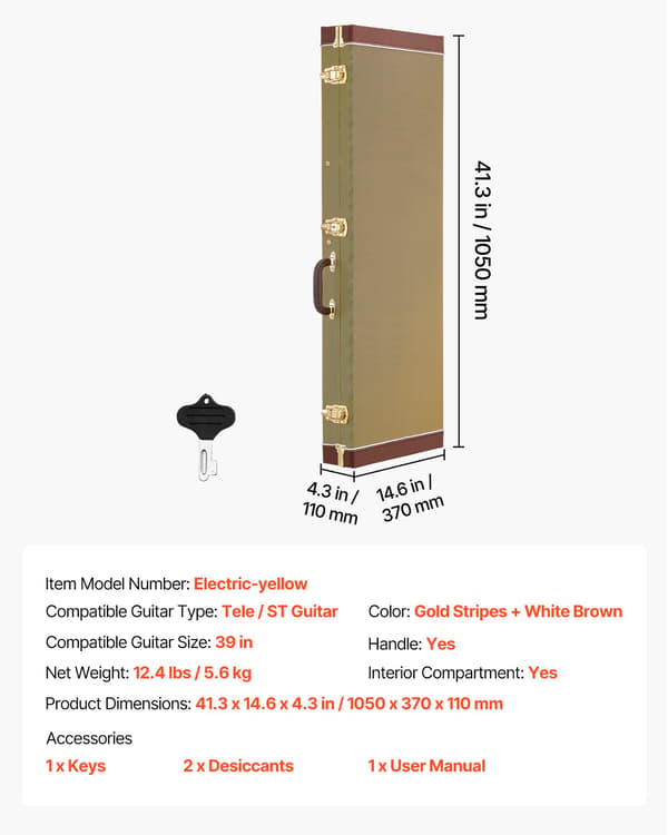 Elgitarrfodral - Hardcase Rektangulär Gitarrkoffert - Hårtskal Med Lås - Invändig Stoppning - Fack För Tillbehör - För 99 cm Tele/ST Elgitarr - Gul