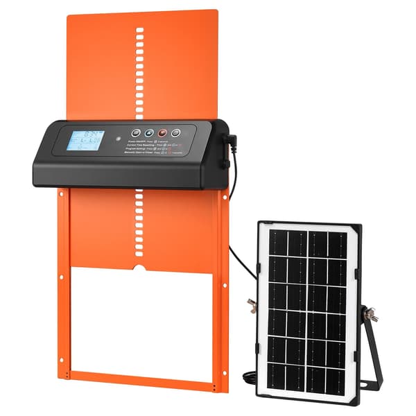 Automatisk hönshusdörr - Hönsgårdsdörr med solcell och batteri - LCD-display - Fjärrkontroll - Ljussensor och timer - Klämskydd - Orange