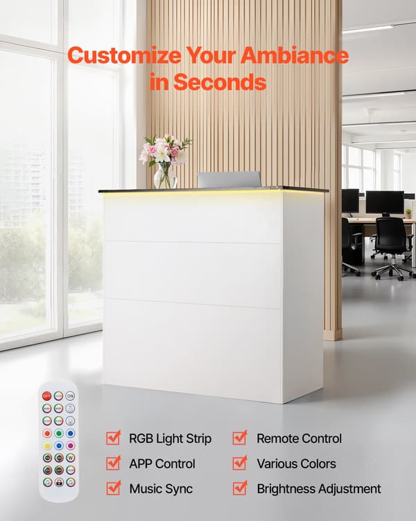 Receptionsdisk - Kassedisk 127,5 cm - LED-lysstribe - 3 Skuffer - Opbevaringsskabe - Rektangulær - Receptionsskranke