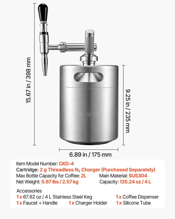 Koldbrygget kaffedispenser - Kaffefad til nitro-koldbryg - 4 l - Bærbar - Kvælstofinfusionssystem - Trykaflastningsventil