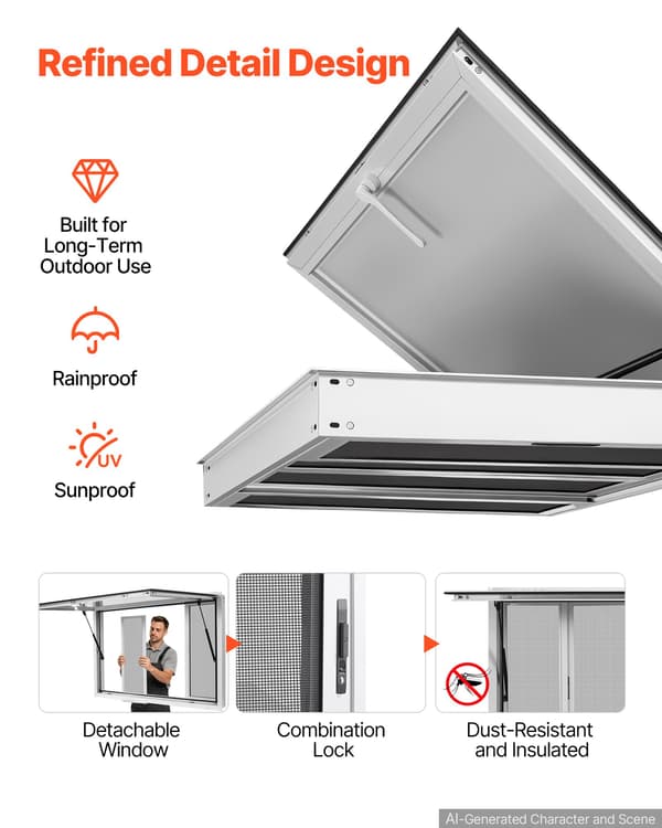 Serveringslem - Salgsvindue til madvogn - Aluminium - 114,3 x 76,2 cm - 4 skydevinduer med net - Åbning op til 85° - Regntæt