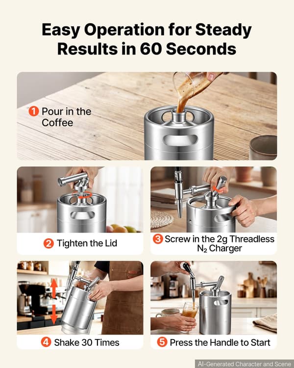 Koldbrygget kaffedispenser - Kaffefad til nitro-koldbryg - 4 l - Bærbar - Kvælstofinfusionssystem - Trykaflastningsventil