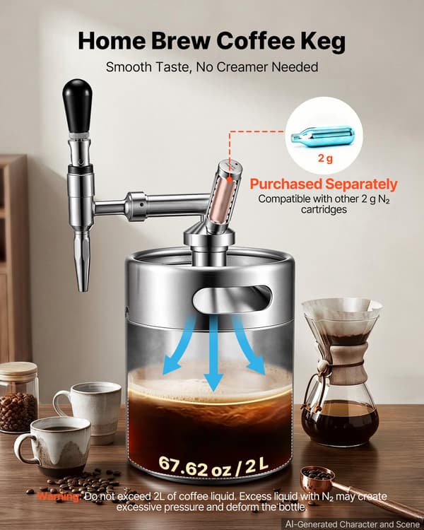 Koldbrygget kaffedispenser - Kaffefad til nitro-koldbryg - 4 l - Bærbar - Kvælstofinfusionssystem - Trykaflastningsventil