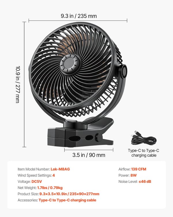 Klemme- og klipsventilator - Bærbar USB-genopladelig - 3 Hastigheder - Stærk Luftstrøm - Robust Klemme - Lang Batteritid - Sort