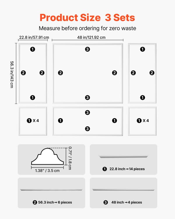 Vägglist och bröstpanel 3-pack - Panelkit - Målningsbar polystyren - Lättvikt - Enkel montering - 58x143 + 58x58 cm - Vit