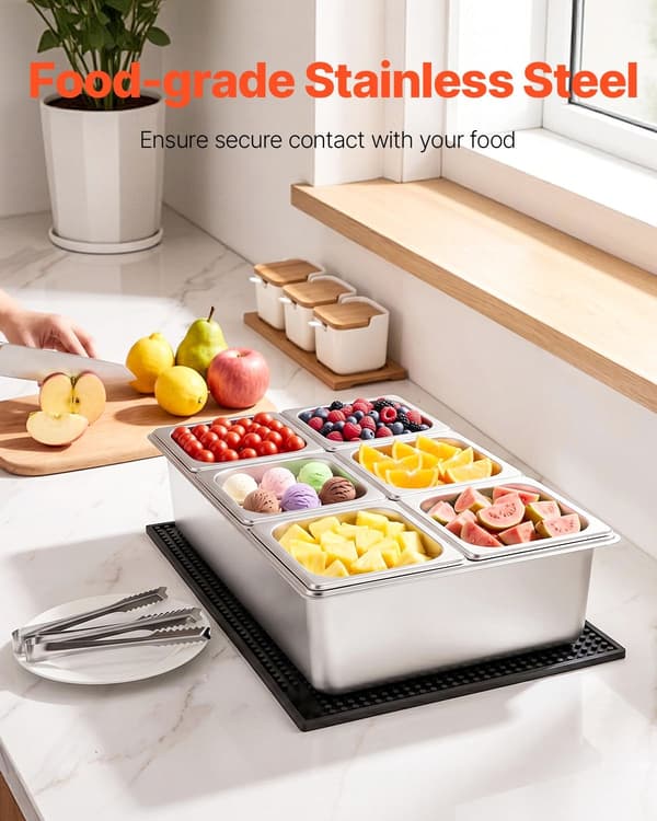 Buffet køleholder til salat og tilbehør - Bordmodel serveringsdisplay - Rustfrit stål - Isafkølet stativ med låg - Til 6 x 1/6 GN-bakker - Sølv