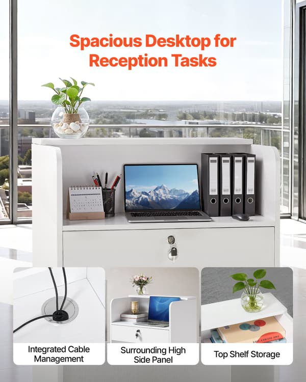 Receptionsskranke - Kassedisk - Mål 60 cm - Rektangulær - Med Skuffe - Kompakt - Til Butik & Salon - Hvid