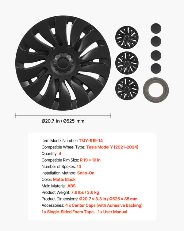 Hjulkapsler - Model Y - 48,3 cm (R19) - Sæt med 4 - 14-eget design - ABS-plast - Klikmontering - Mat sort
