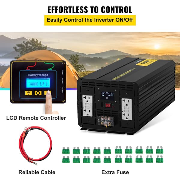 Strøminverter - Modificeret sinusomformer - 5000 W effekt - DC 12V til AC 110V - Med LCD display - Til bil, camping og nødstrøm