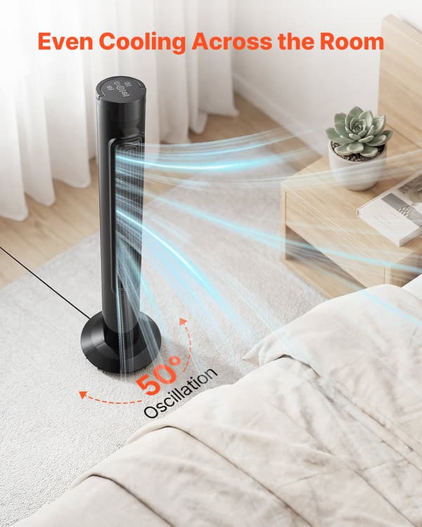 Tårnventilator - Søjleventilator - 50° Oscillerende - 3 Hastigheder og 3 Tilstande - 7,5 Timers Timer - Kraftig Luftcirkulation 4,2 m/s - Sort