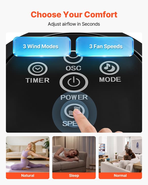 Tårnventilator - Søjleventilator - 50° Oscillerende - 3 Hastigheder og 3 Tilstande - 7,5 Timers Timer - Kraftig Luftcirkulation 4,2 m/s - Sort