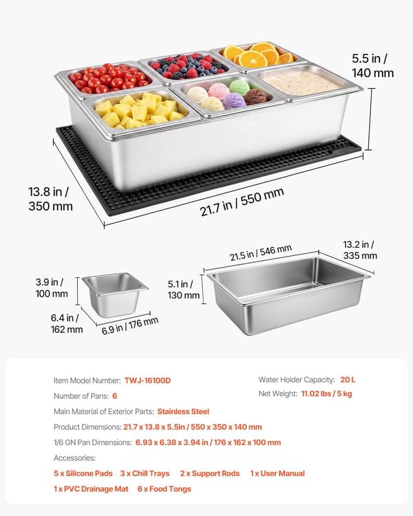 Buffet køleholder til salat og tilbehør - Bordmodel serveringsdisplay - Rustfrit stål - Isafkølet stativ med låg - Til 6 x 1/6 GN-bakker - Sølv