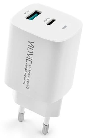 VIDVIE Snabbladdare 2xUSB - USB-C USB-A 20W Vit