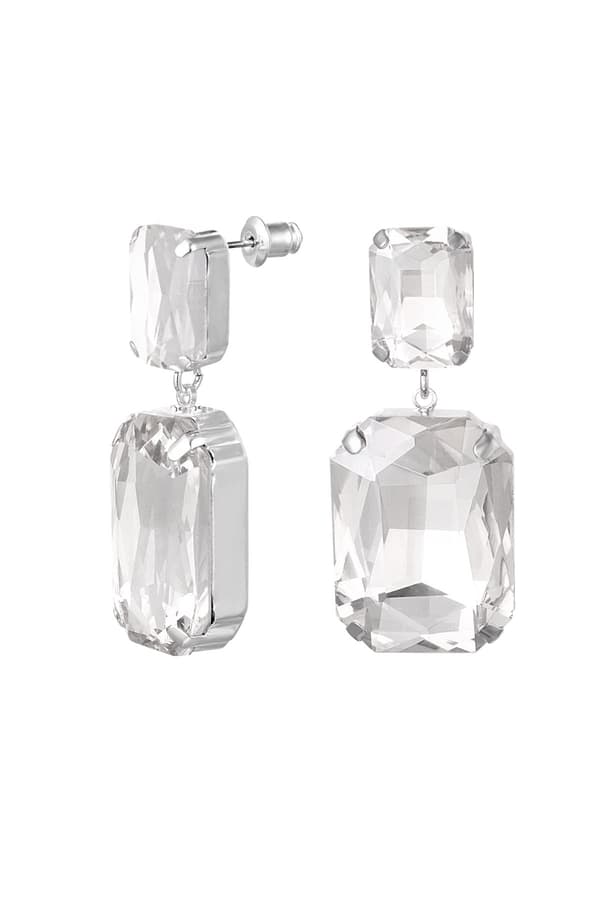 Långa Glamour Örhängen med 2 st Rektangulära Glaspärlor - Silver & Vit