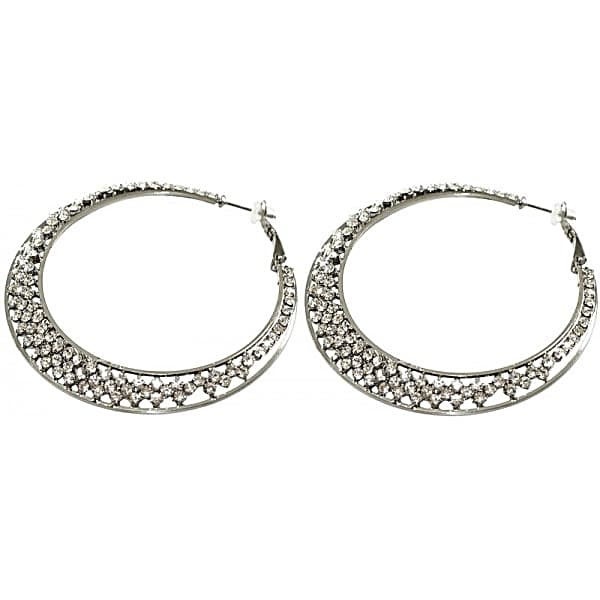 Glittrande Mörka Silver Örhängen - Hoop med Vit Strass - 6 cm
