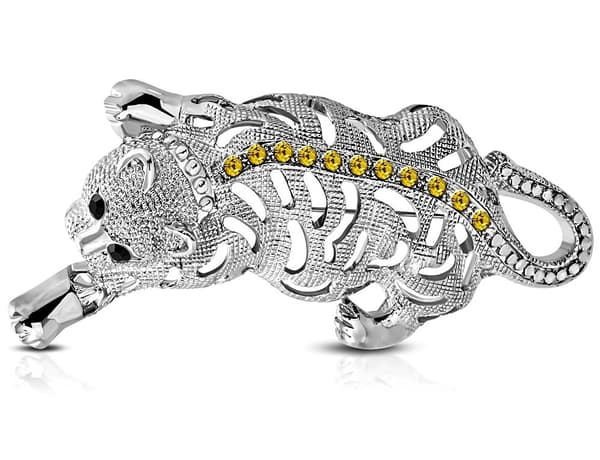 Vacker Brosch i Silver Färg - Bengalisk Tiger med Cubic Zircon