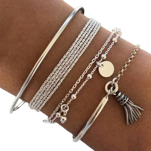 4 st Silver Armband/Bangle med Tvinnade Kedjor, Tofs & Kulor