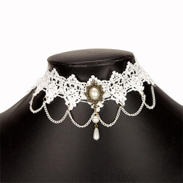 Brett Retro Boho Gothic Choker / Halsband - Vit Spets & Pärlor