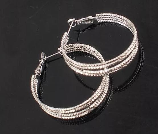 Stora 4-radiga Mönstrade Hoop Silver Örhängen - 6 cm