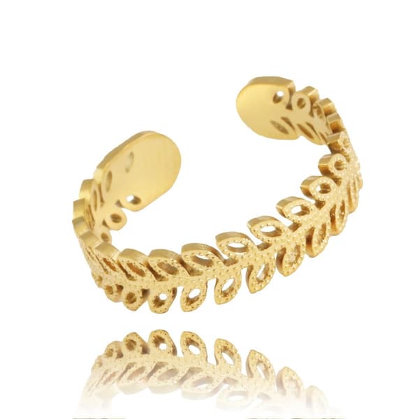 Guld Ring i Stål med Blad / Löv - Guldpläterad - Justerbar
